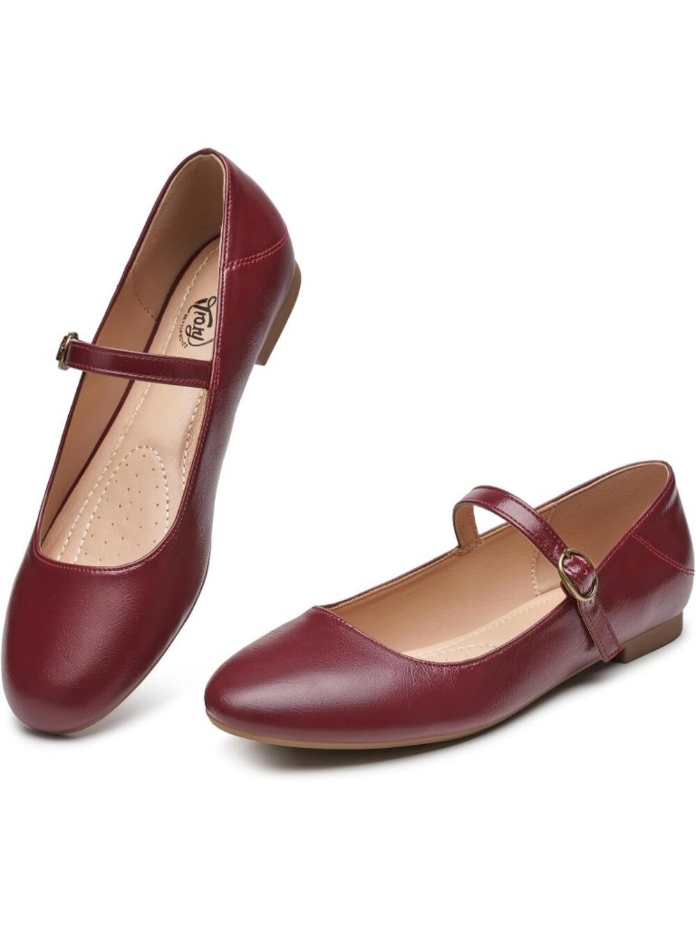 Women's Burgundy Ballet Flats Round Toe Comfort Straps Memory Foam Dressy Shoes